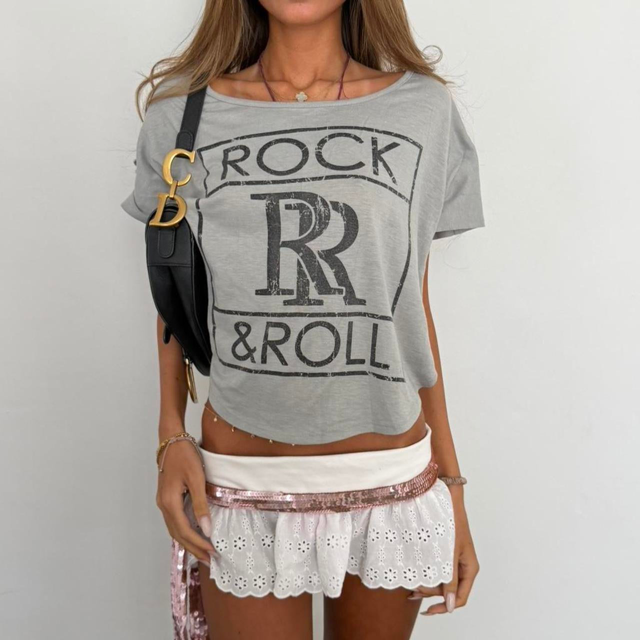 Vintage 90’s rock & roll off the shoulder baby tee