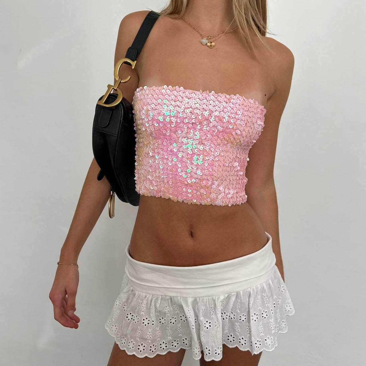 Vintage baby pink sequin strapless top