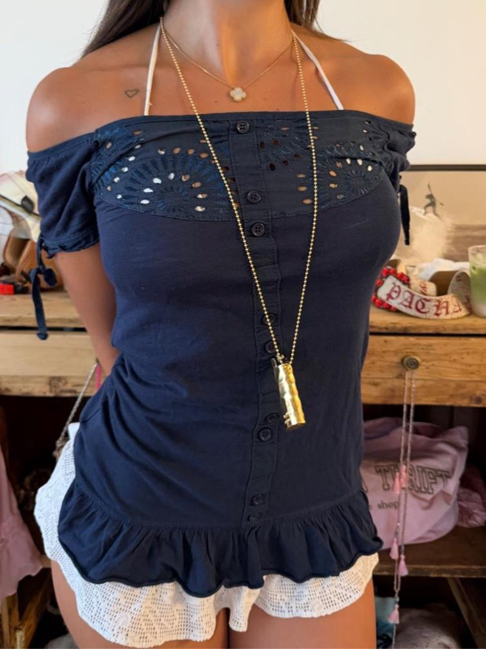 Vintage 90’s navy off the shoulder pretty top