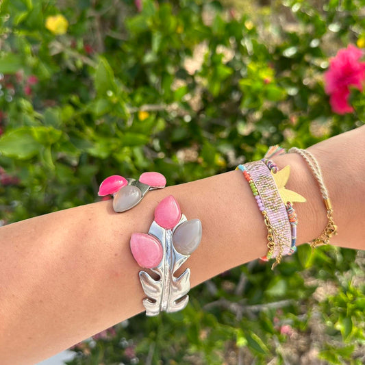 Vintage silver pink gem leaf bracelet cuff