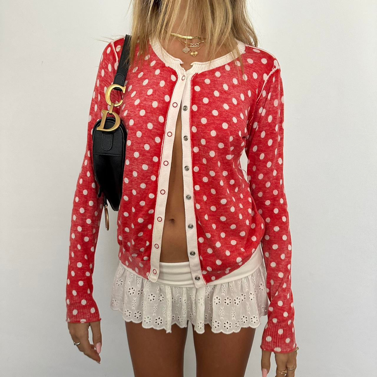 Vintage red polka dot long sleeve cardigan top