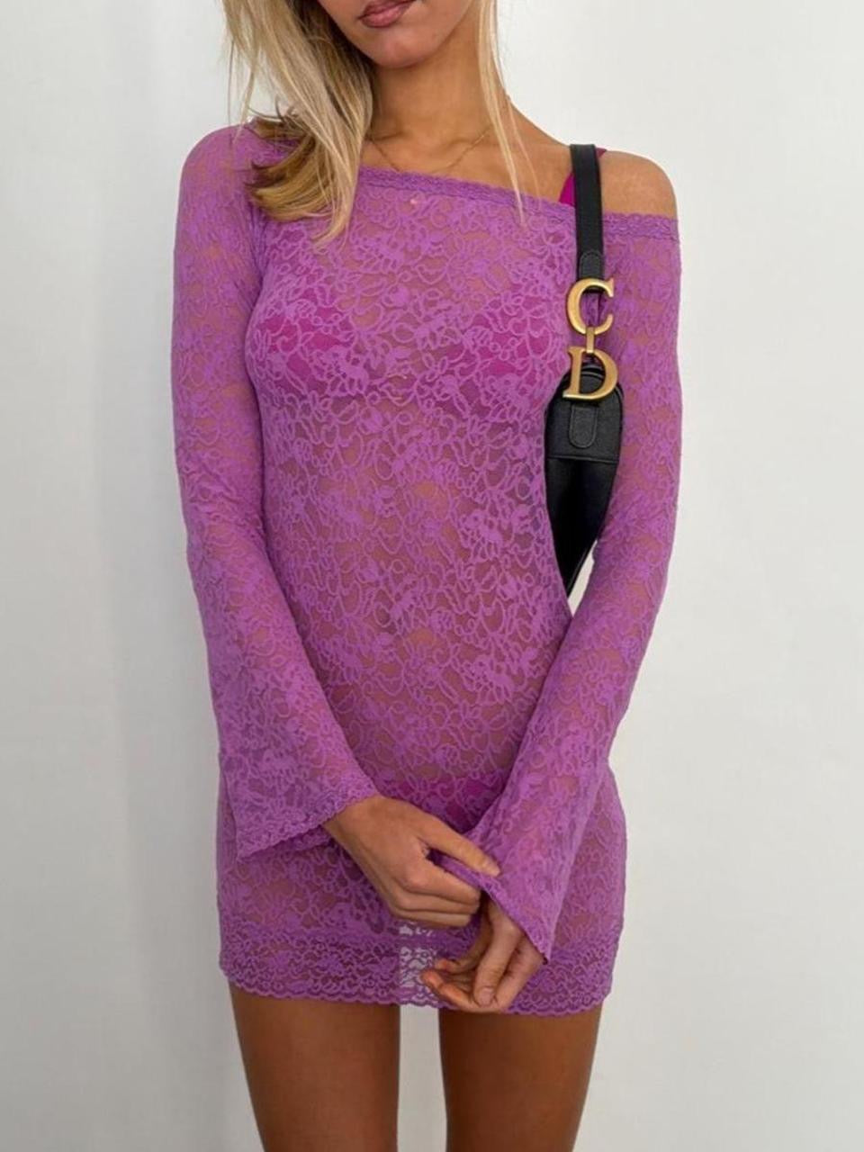 Vintage Victoria’s Secret purple off shoulder lace mini dress