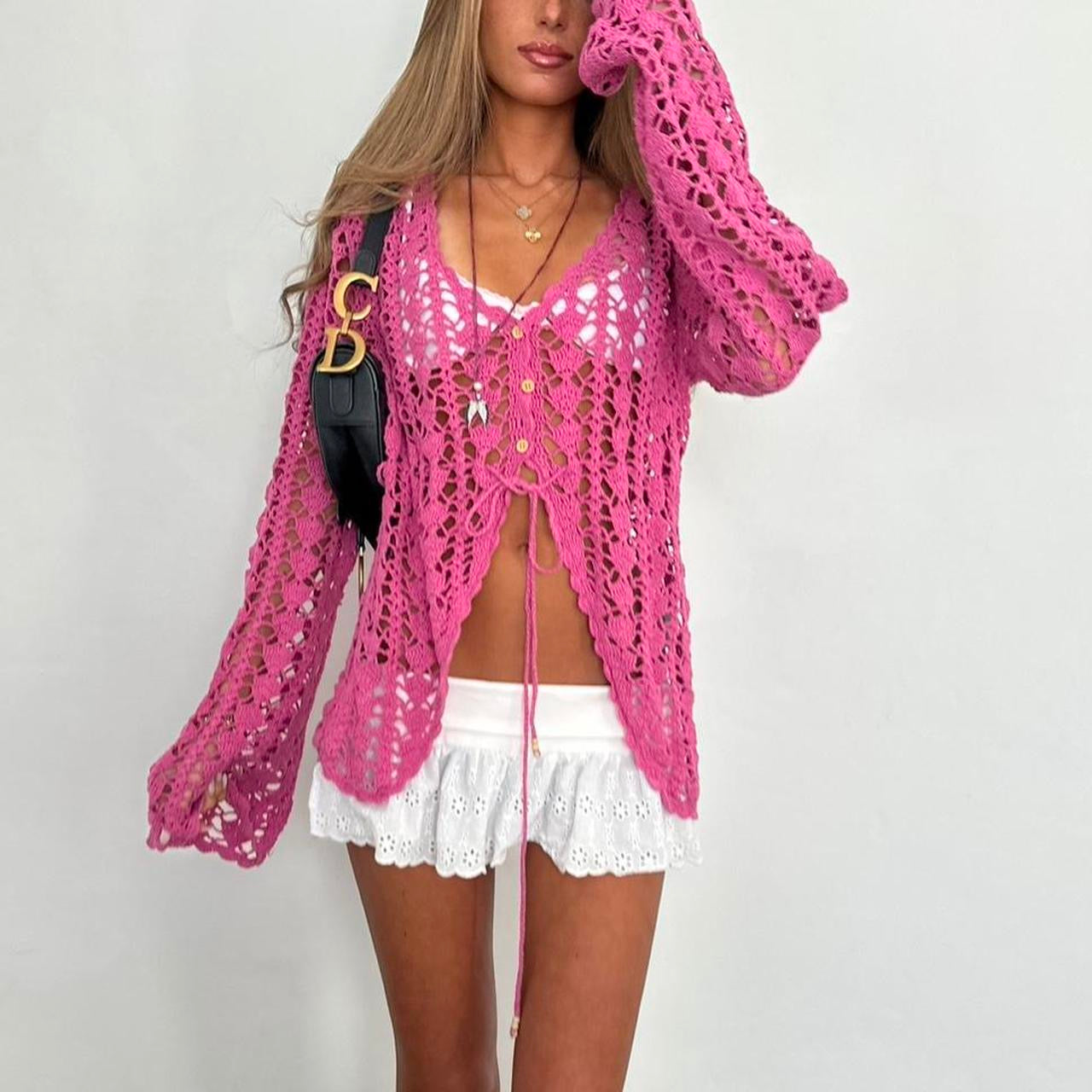 Vintage pink crochet tie up layering top