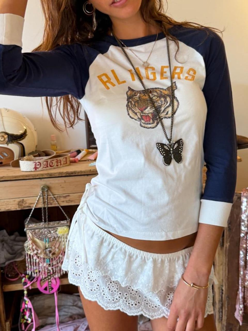 Vintage 00’s Polo Ralph Lauren white & navy long sleeve graphic top
