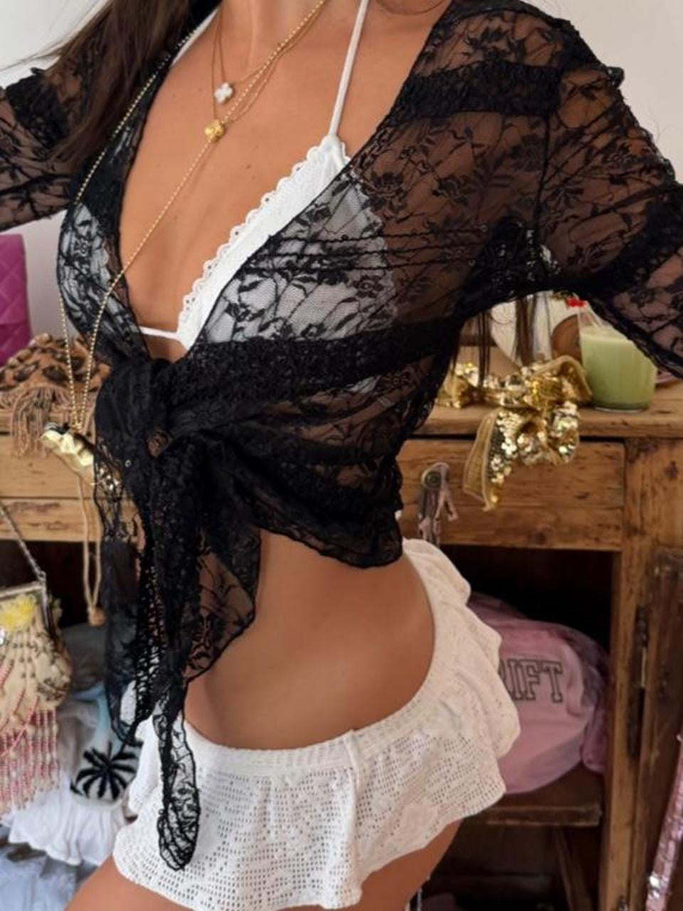 Vintage 00s black lace mesh top