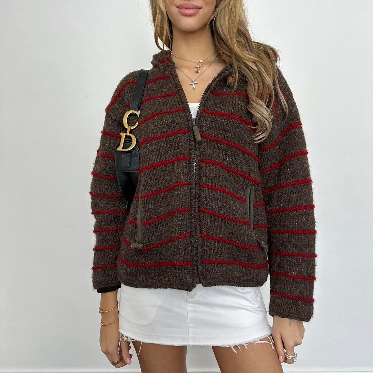 Vintage knitted red striped zip up jacket