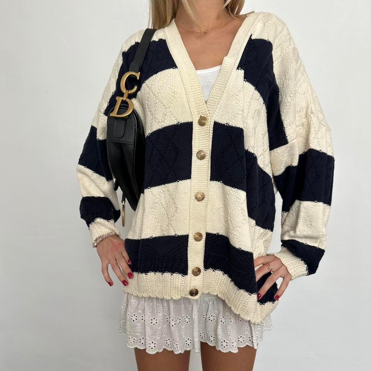 Vintage navy and cream cable knit cardigan