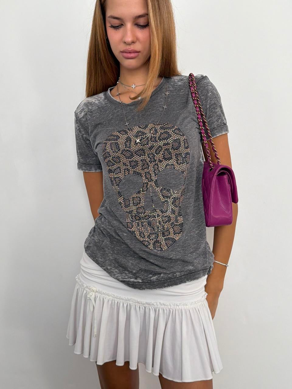 Vintage 00’s grey leopard skull rhinestone top