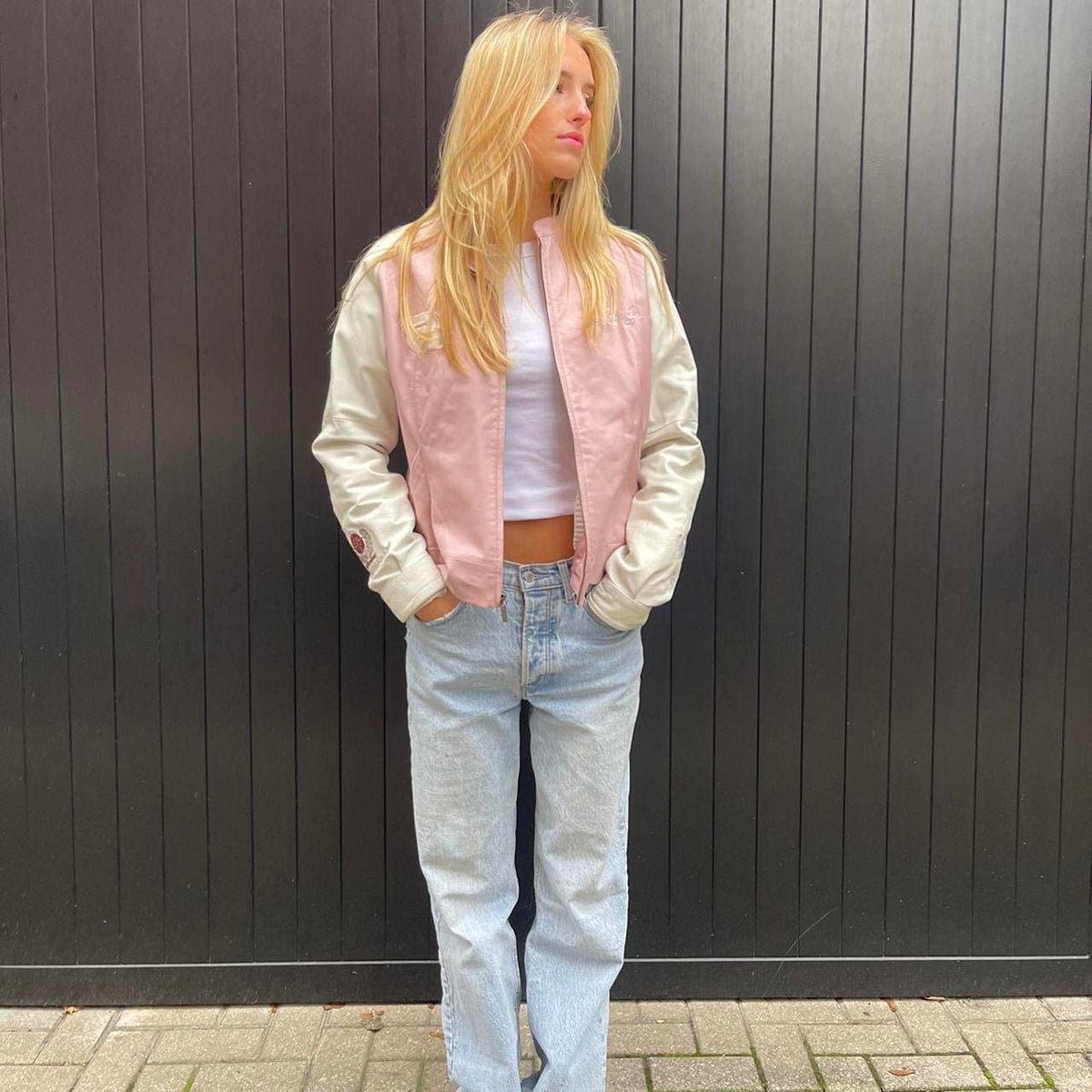 Vintage 90s pink racing leather jacket