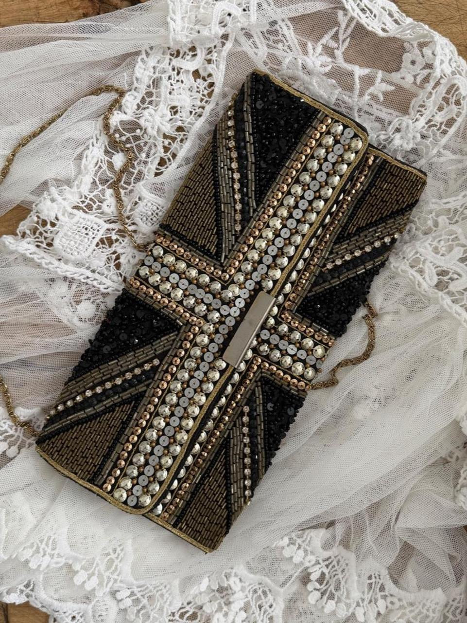 Vintage 2000’s Union Jack flag black and gold sequin purse