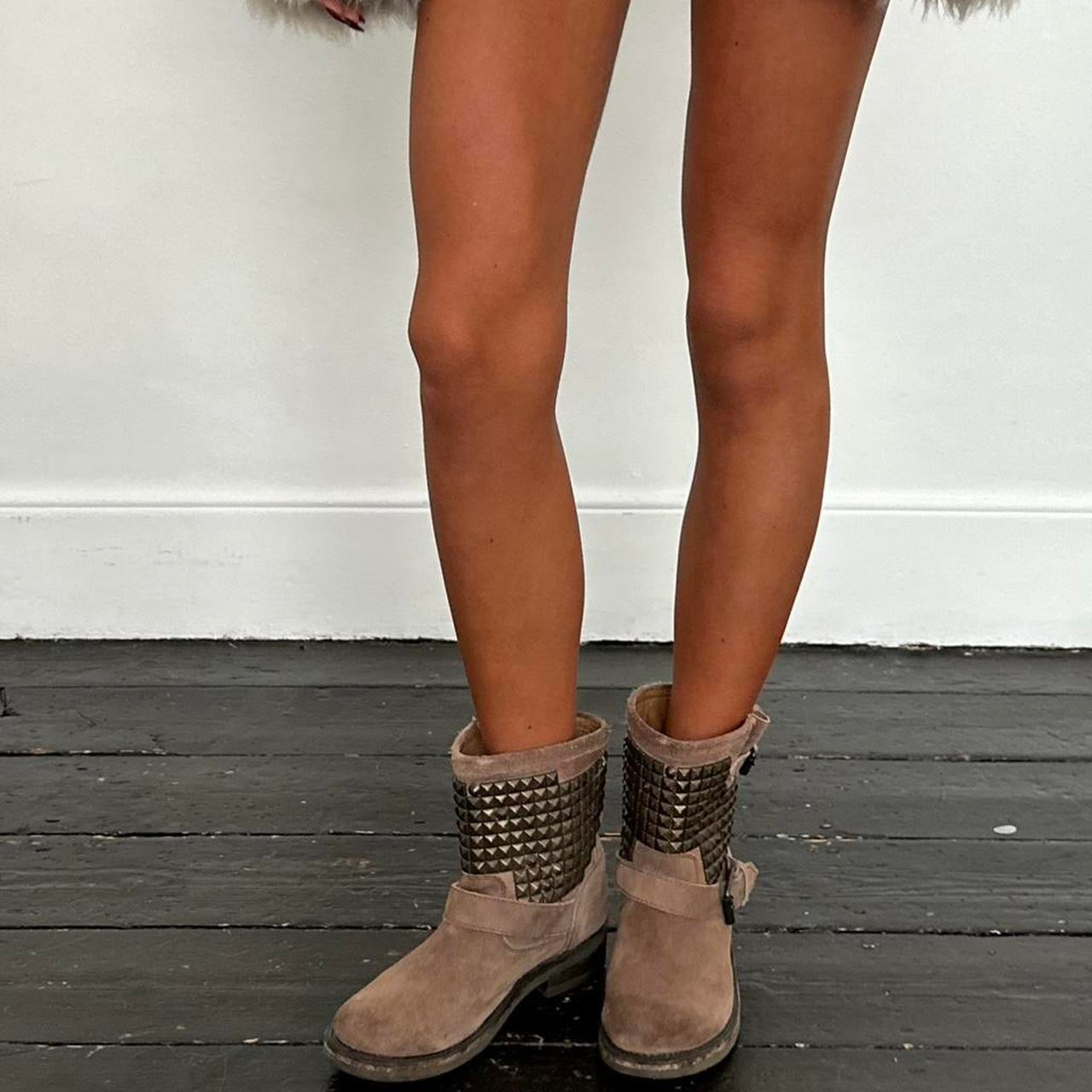 Vintage brown studded genuine leather ankle boots