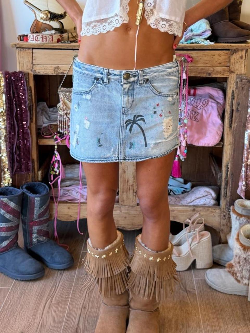 Vintage 00s palm tree distressed denim mini skirt