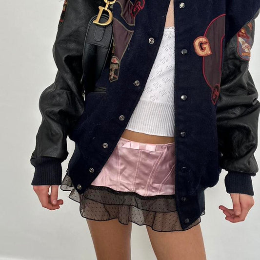 Vintage early 2000s pink and black lace micro mini skirt