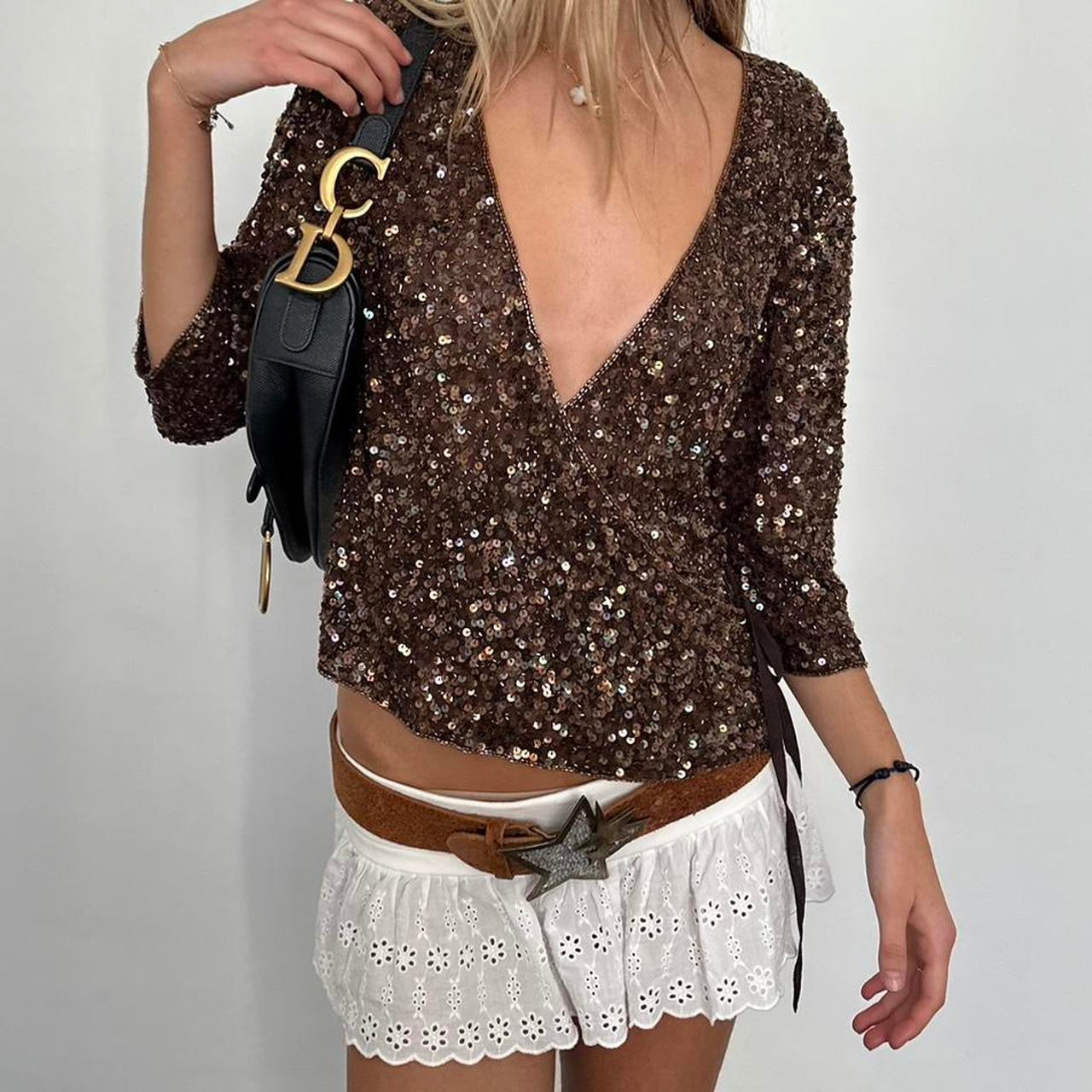 Vintage tie up brown sequin cardigan