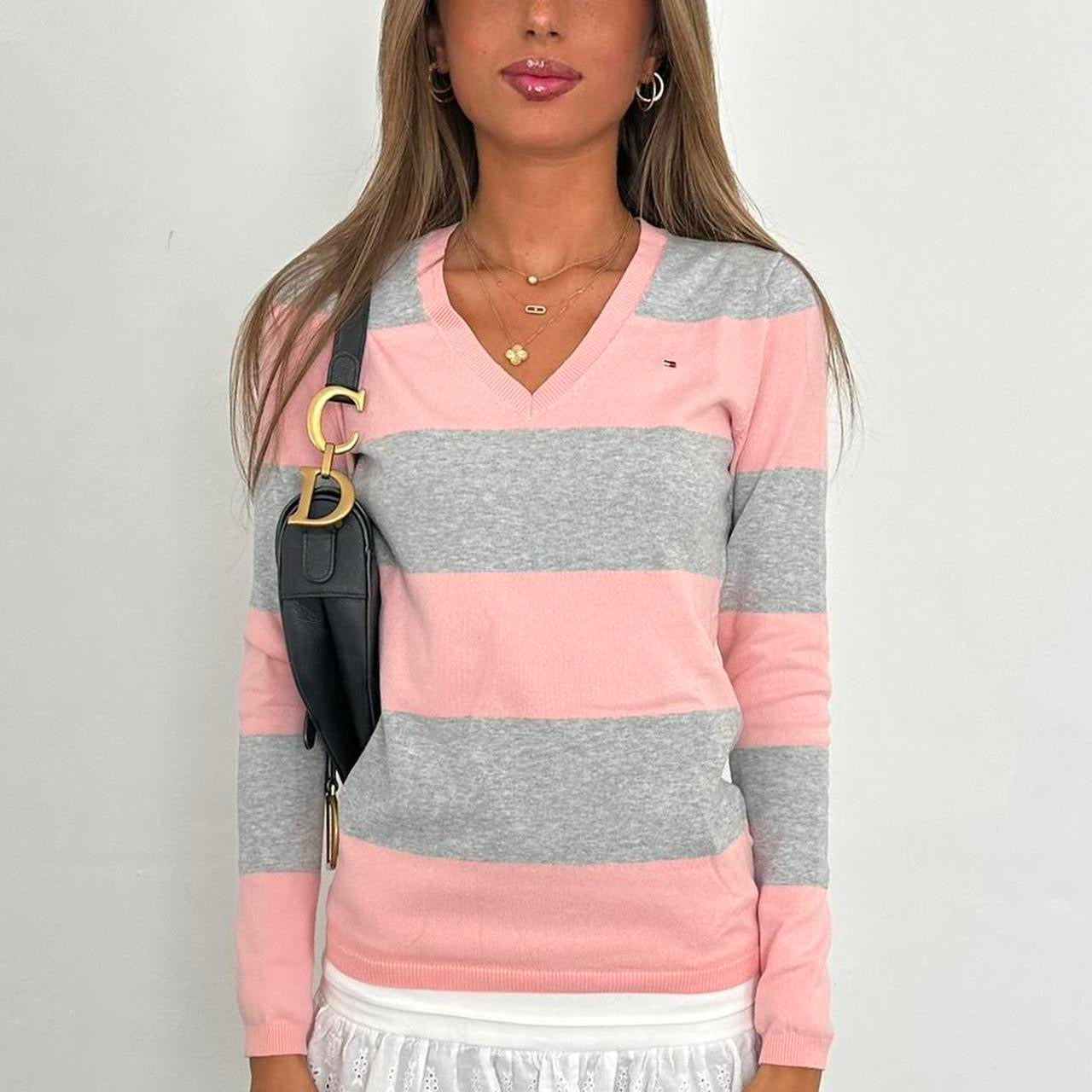 Vintage 90’s Tommy Hilfiger striped pink and grey sweater