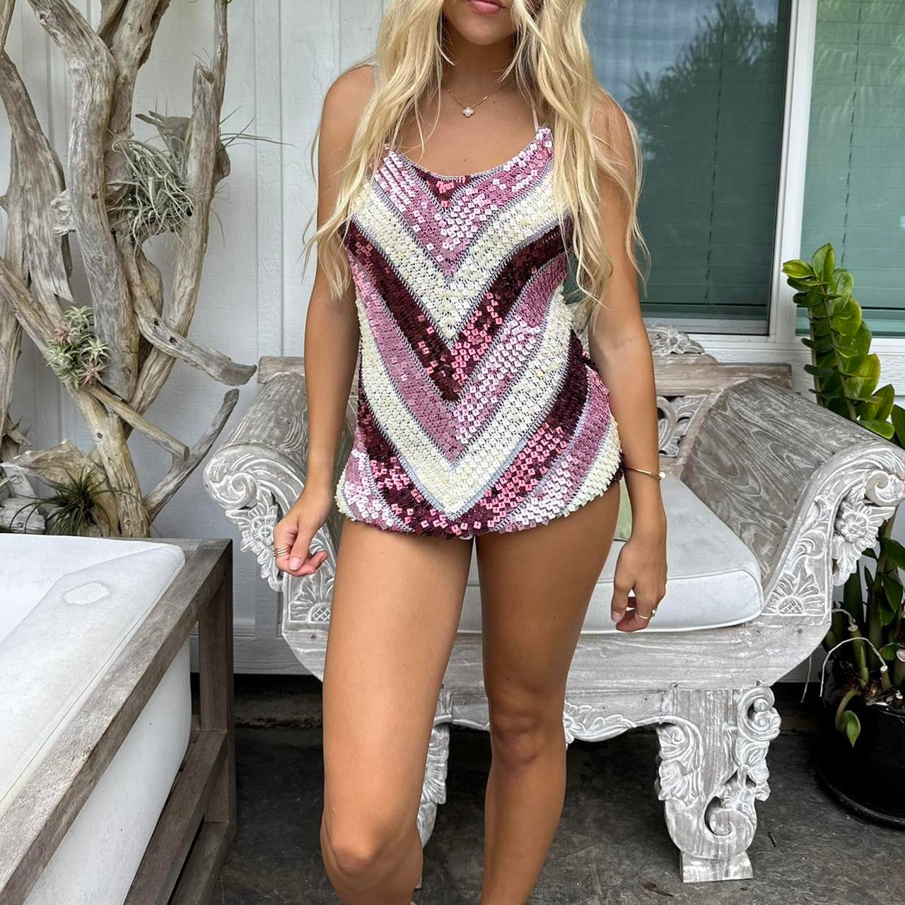 Vintage crochet pink tone sequin top