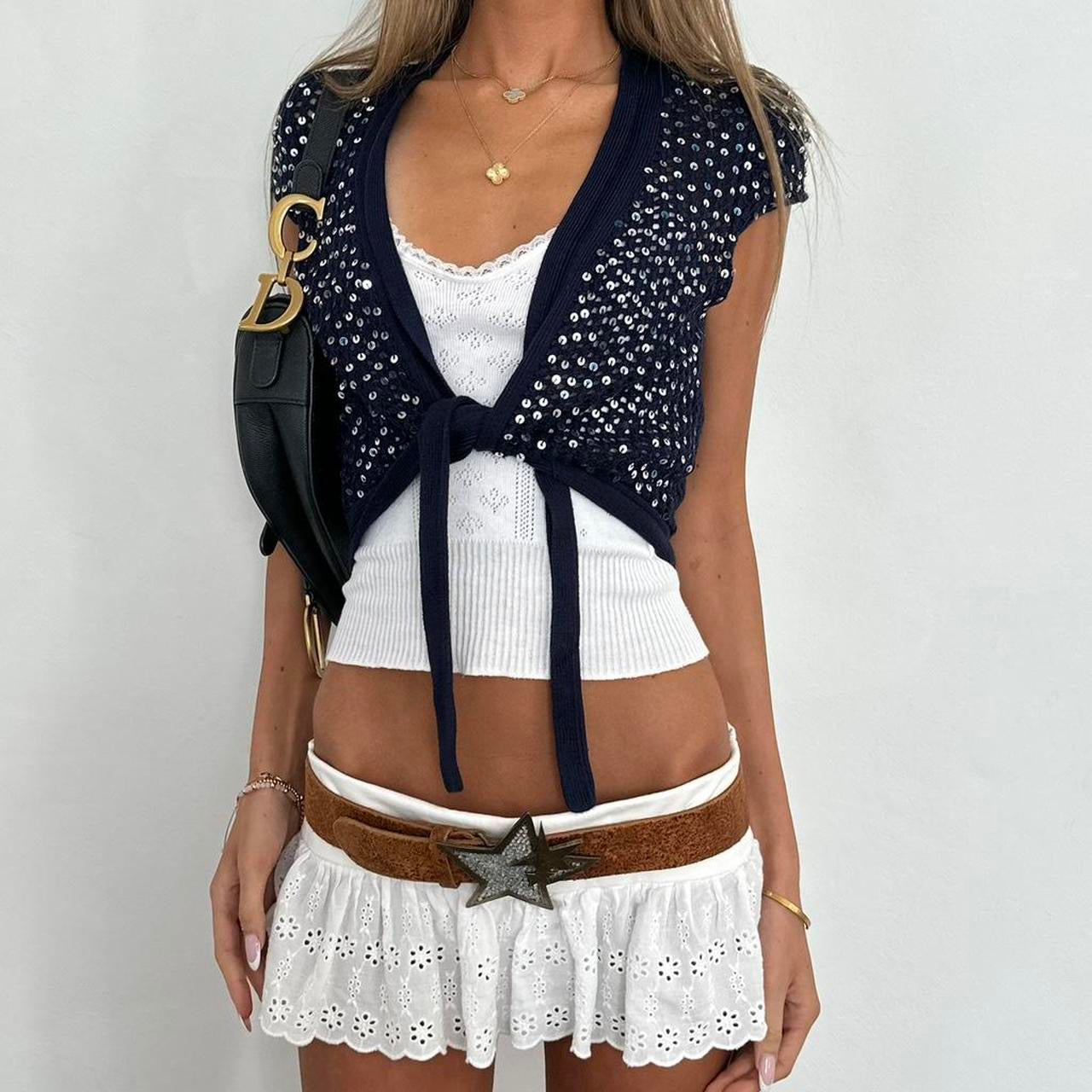 Vintage 00s navy sequin crochet layering top