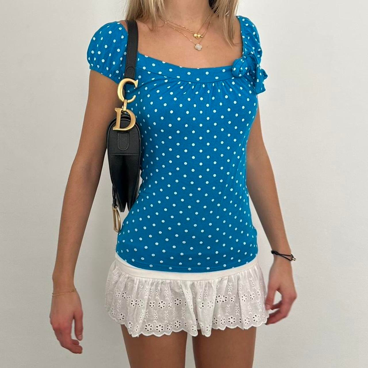 Vintage 2000s blue polka dot babydoll top