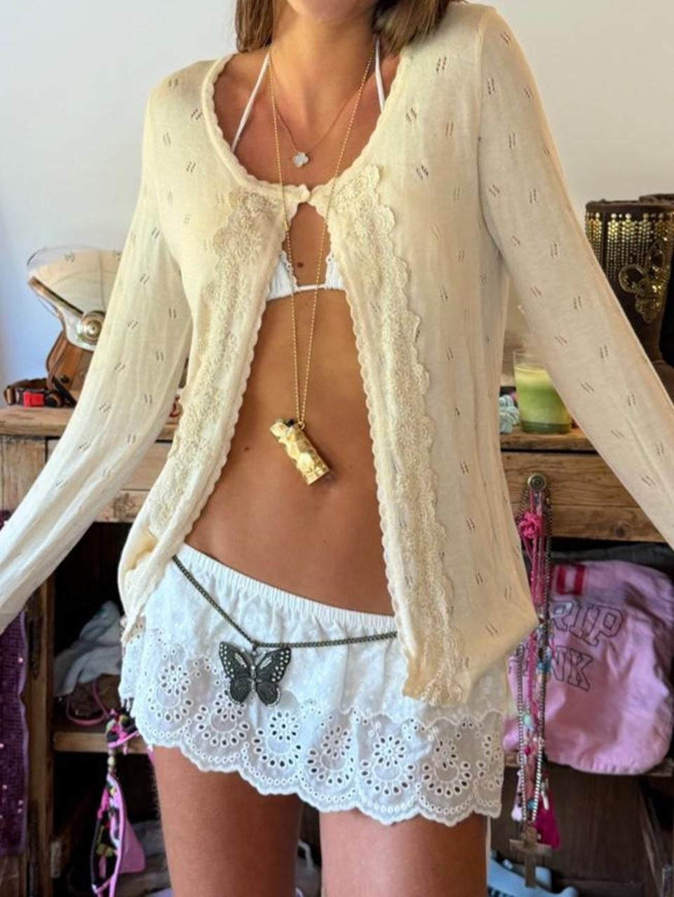 Vintage 00’s tan long sleeve tie up top