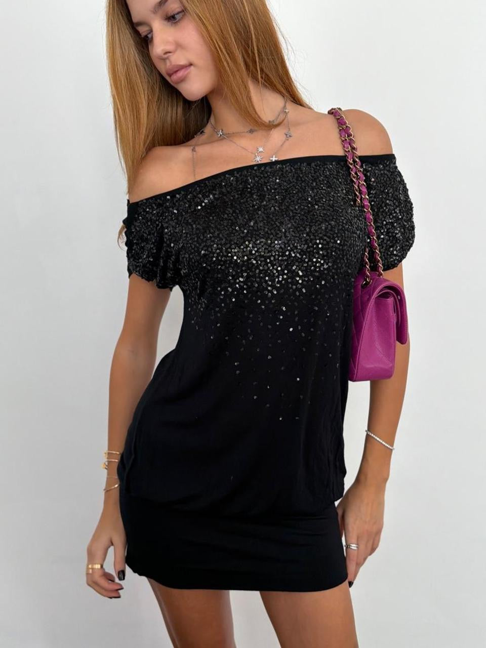 Vintage 00s black sequin off shoulder mini dress