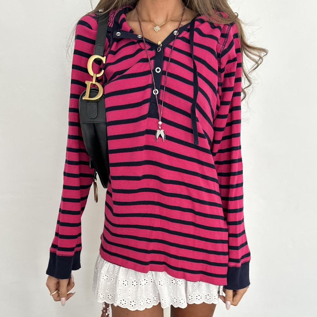 Vintage 00s pink striped ribbed hoodie top