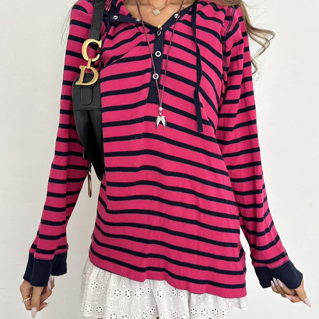 Vintage 00s pink striped ribbed hoodie top