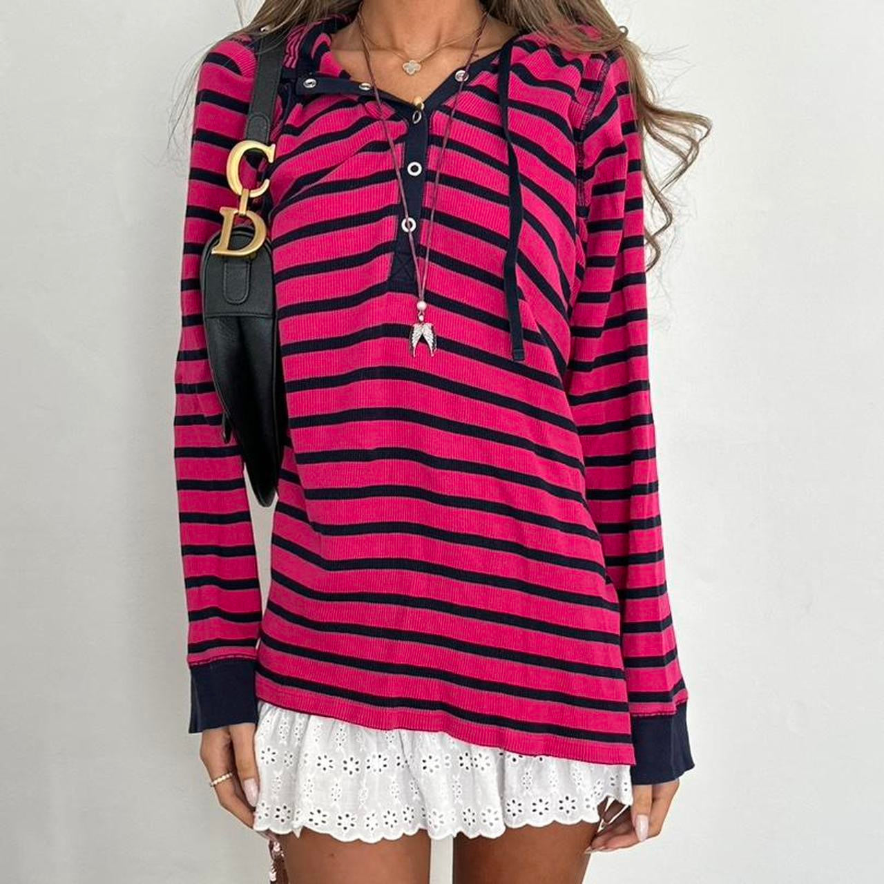 Vintage 00s pink striped ribbed hoodie top