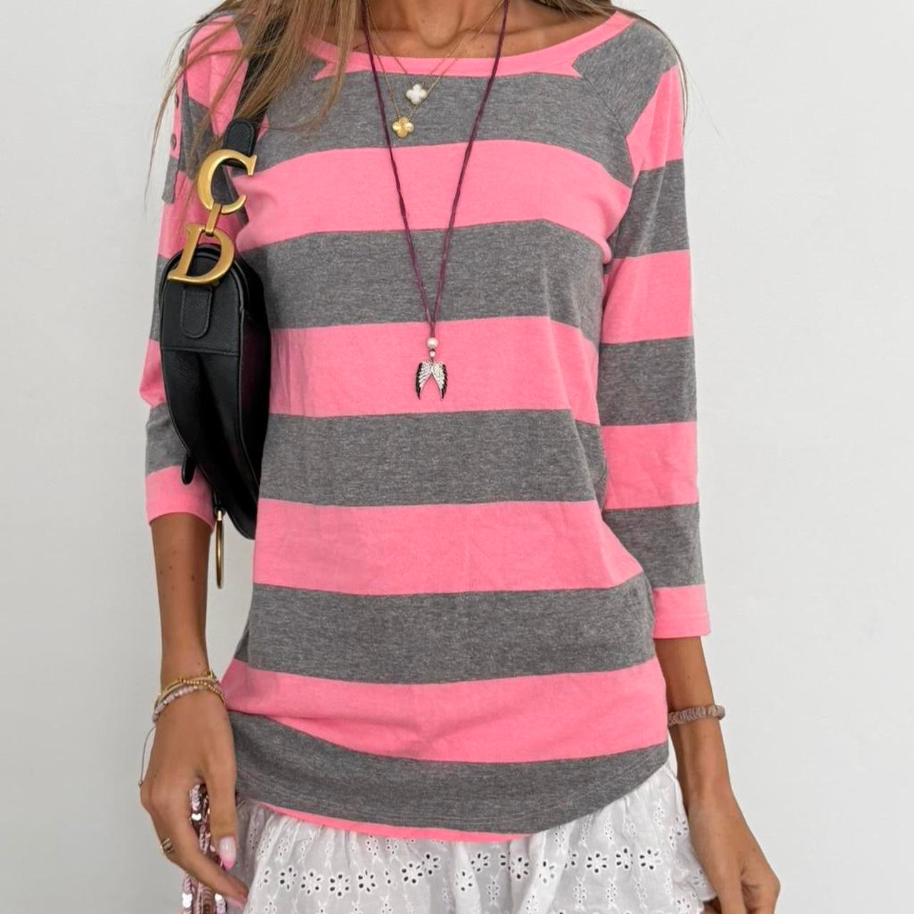 Vintage 00s pink & grey striped long sleeve top