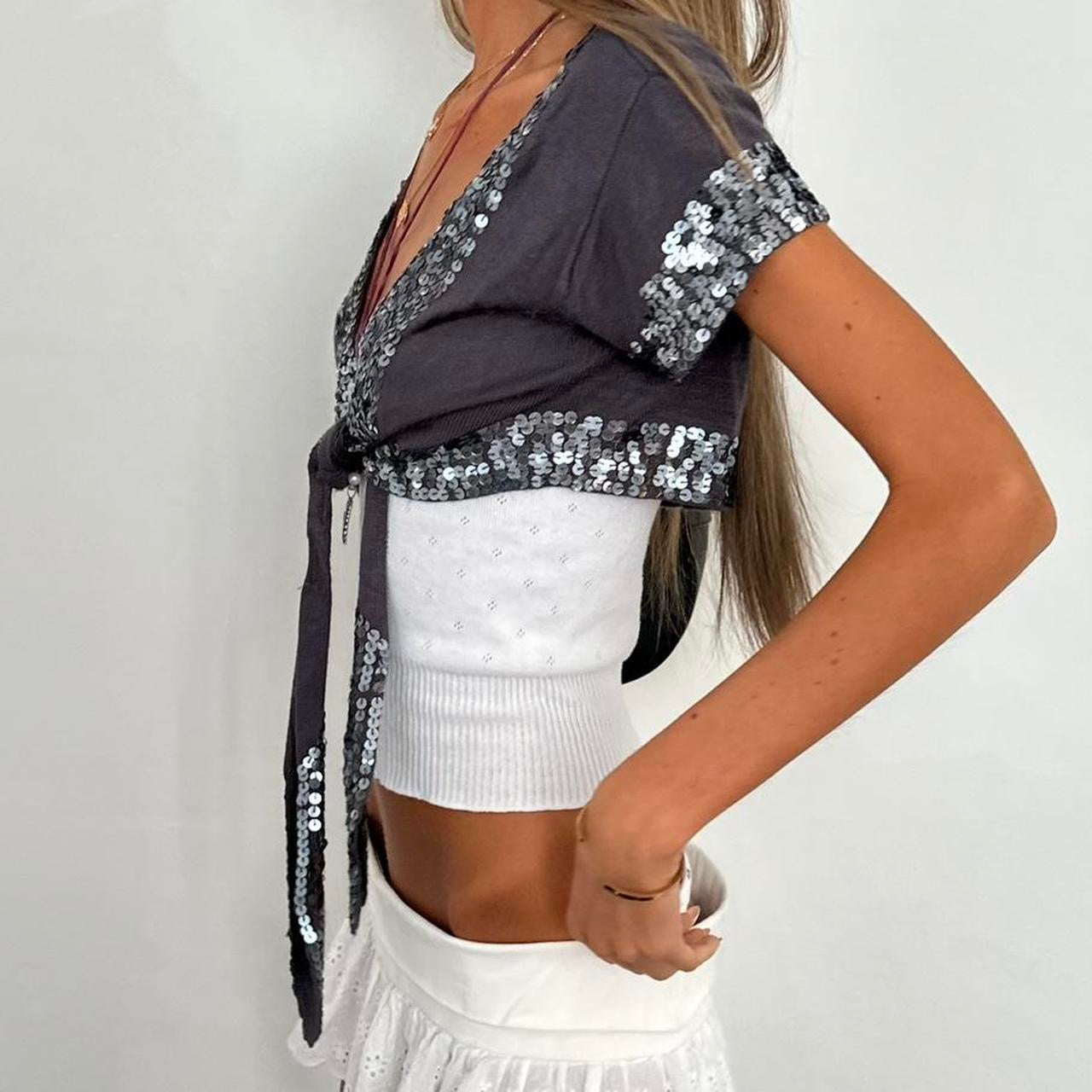 Vintage 2000s grey sequin tie up top