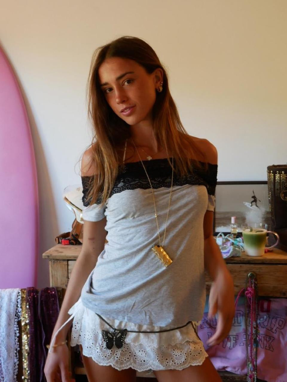 Vintage 00’s grey and black lace off shoulder top