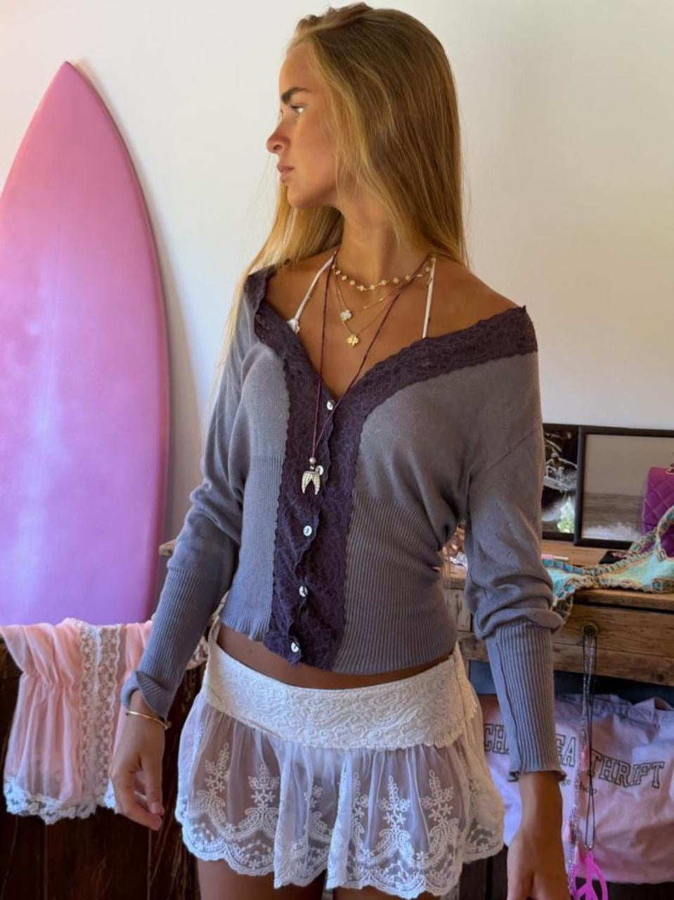 Vintage 00s pointelle grey & purple cardigan top