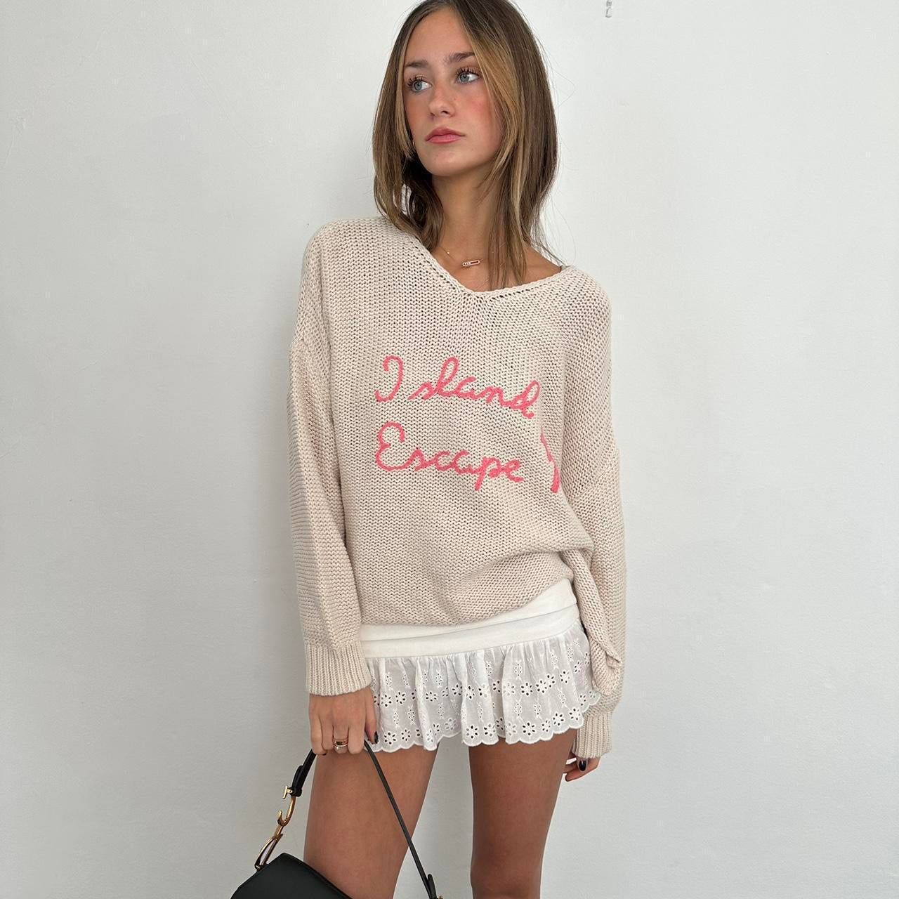 Vintage island escape embroidered knit sweater