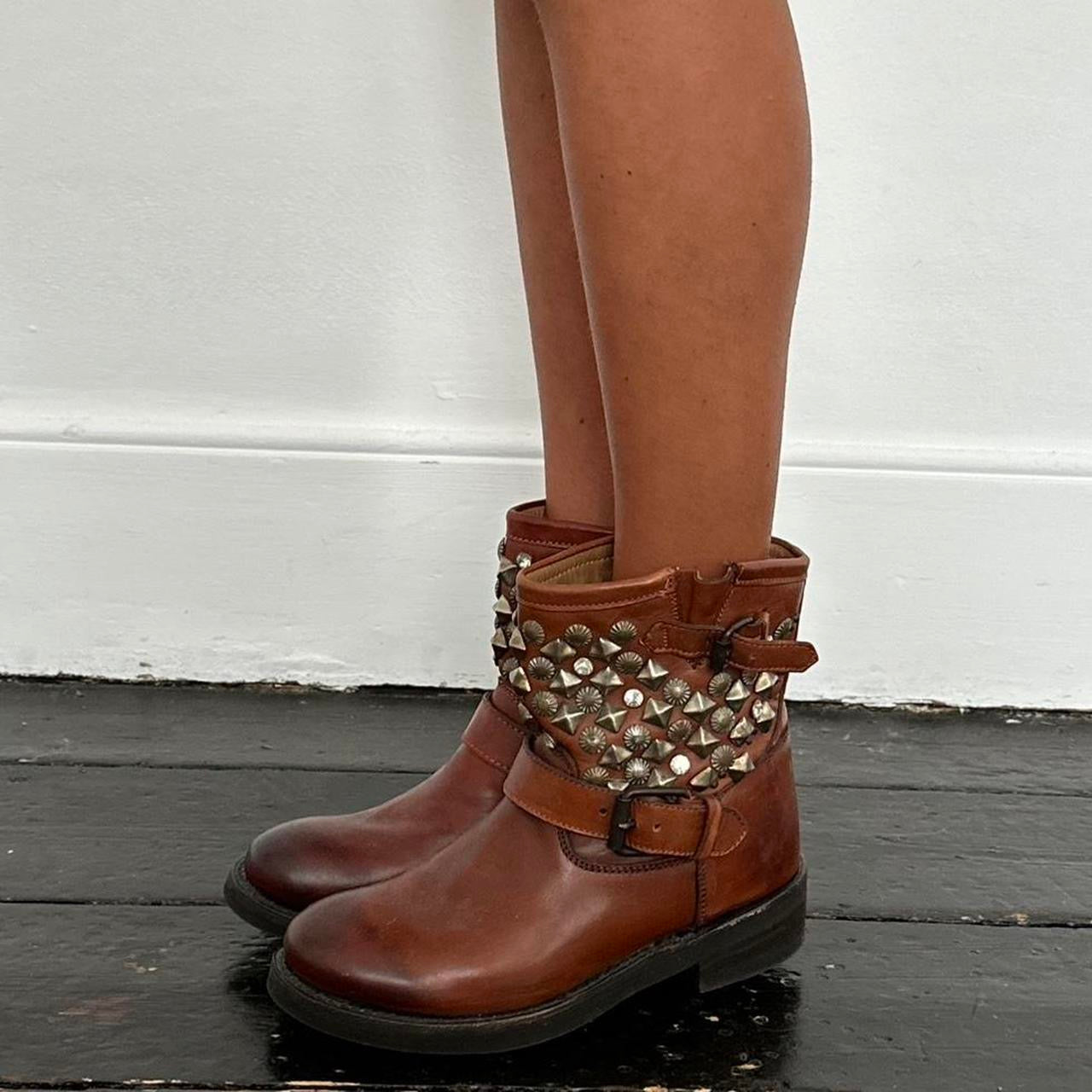 Vintage brown studded genuine leather boots