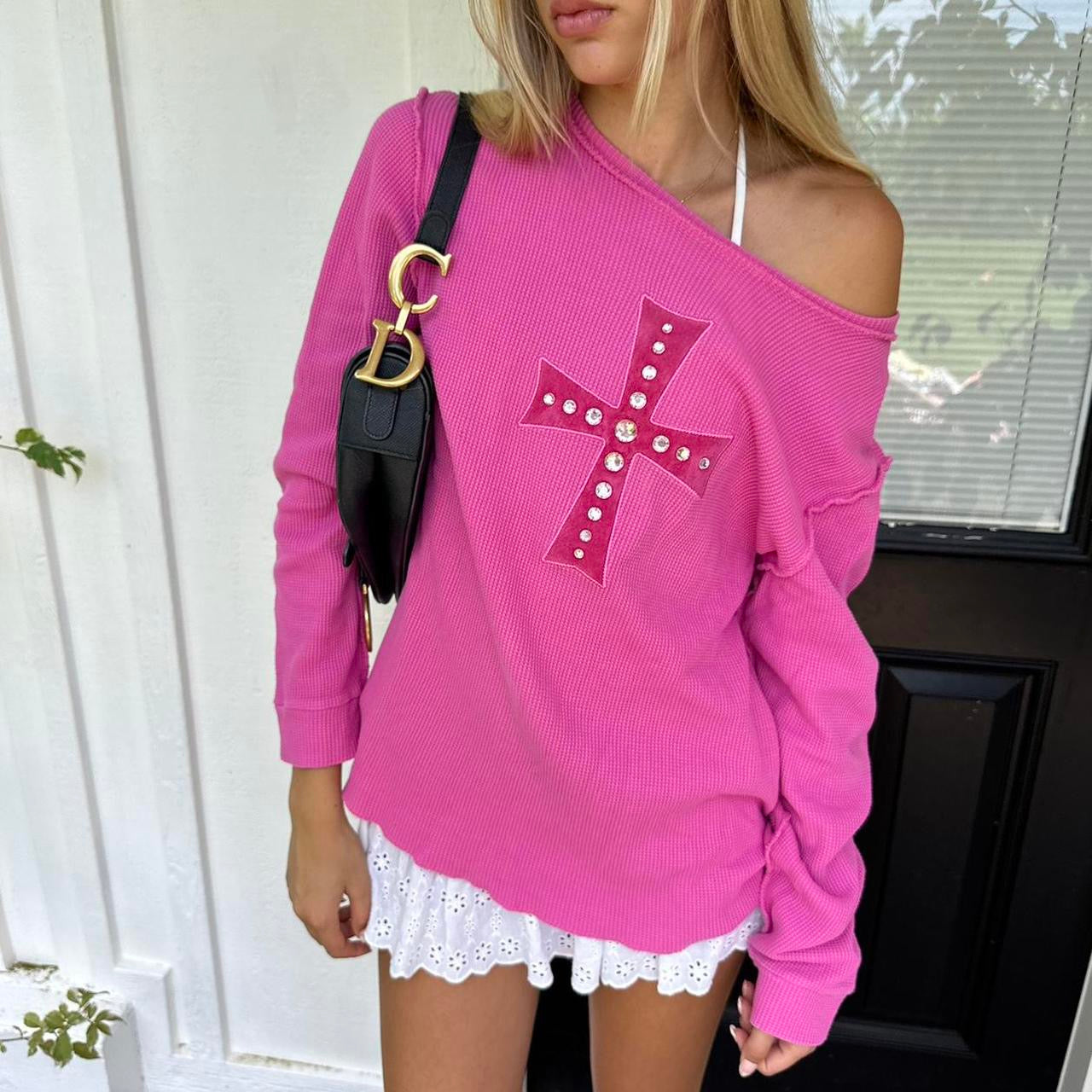 Vintage pink cross waffle long sleeve top