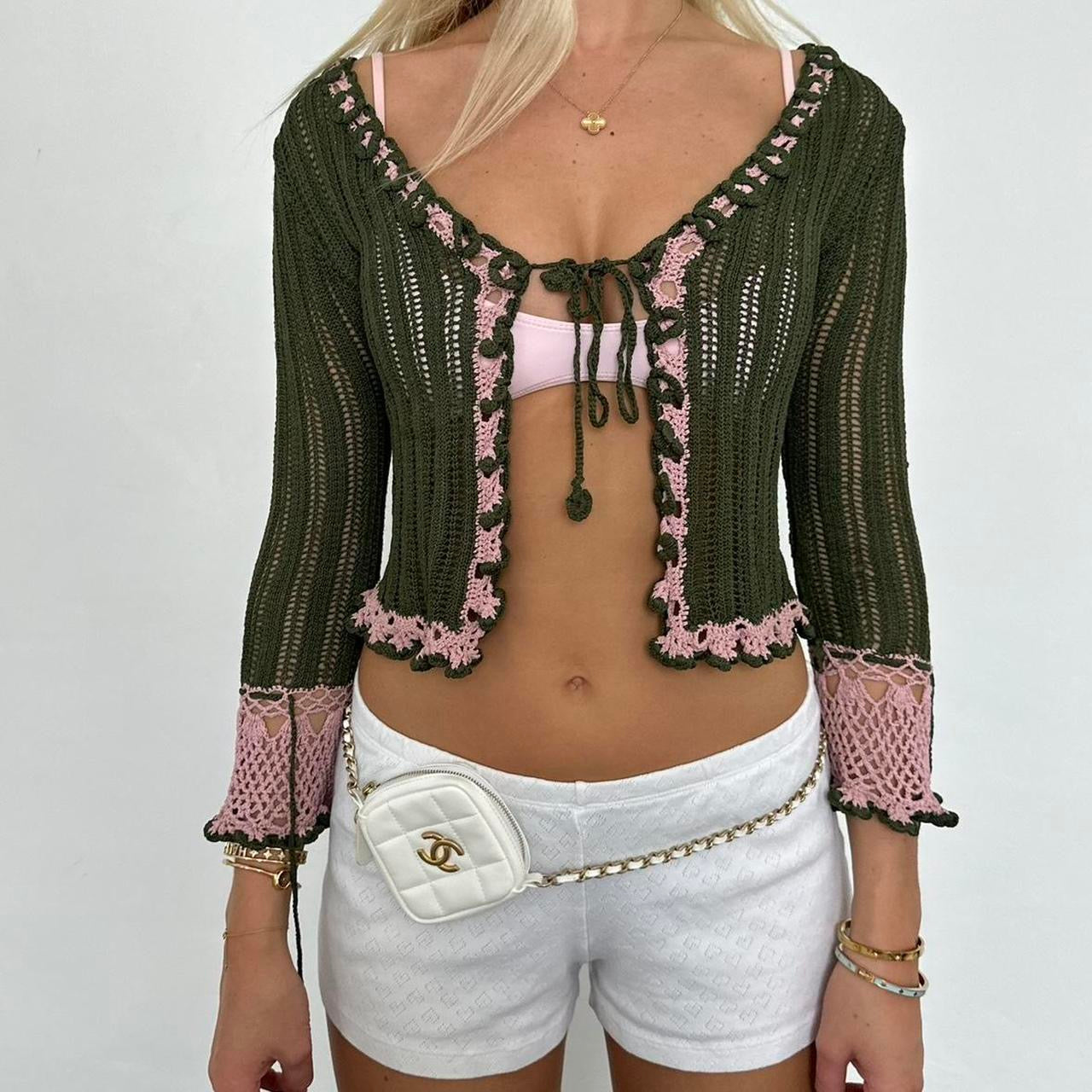 Vintage green & pink crochet layering cardigan top