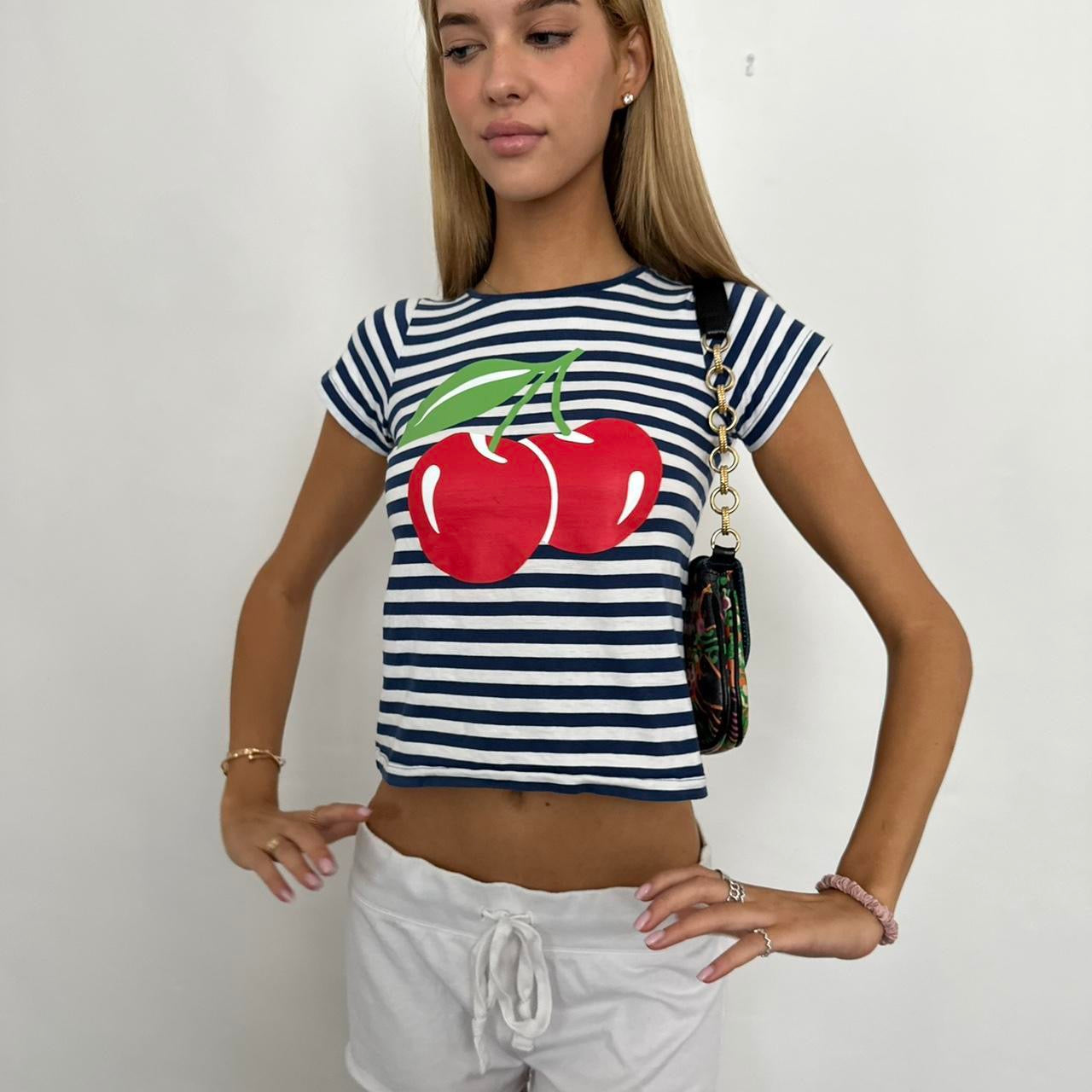 Vintage cherry navy and white striped baby tee