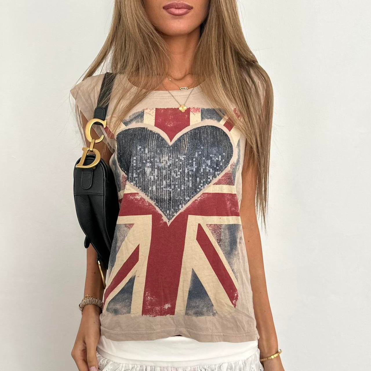 Vintage 2000’s Union Jack sequin heart top