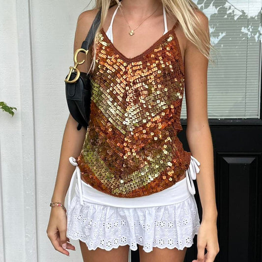 Vintage crochet brown sequin top