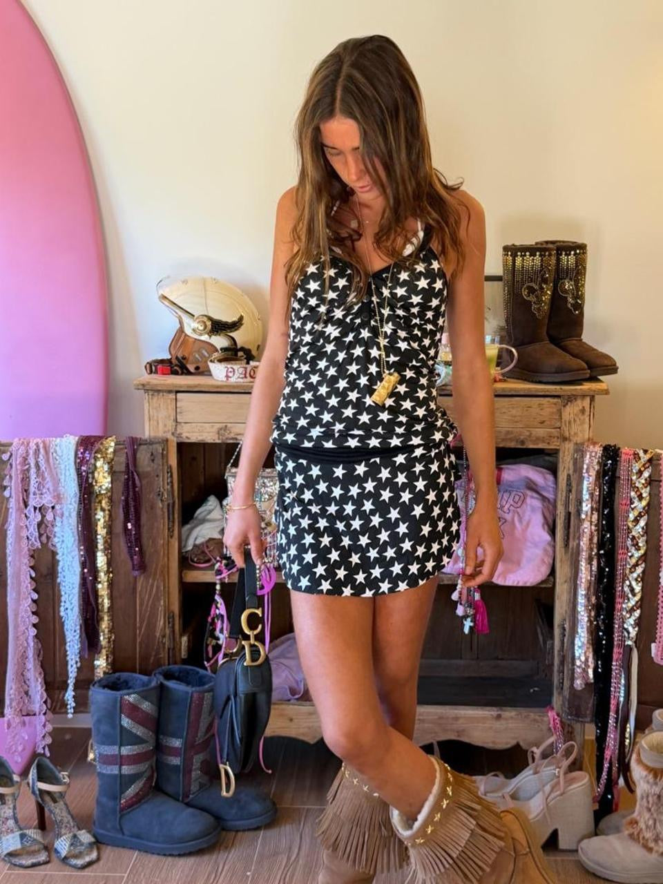 Vintage 00’s cool stars black mini dress