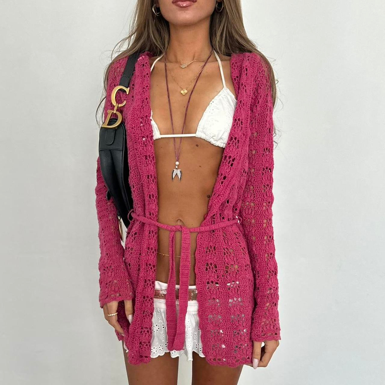 Vintage dark pink crochet tie up layering top