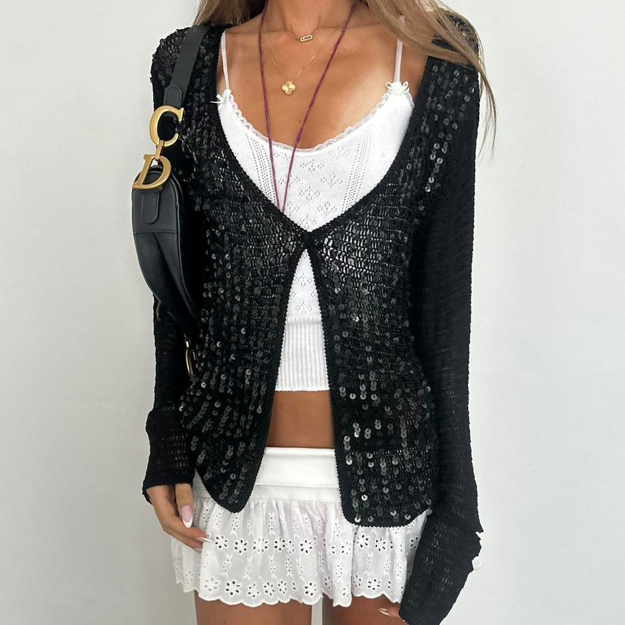 Vintage 2000s black crochet sequin cardigan top