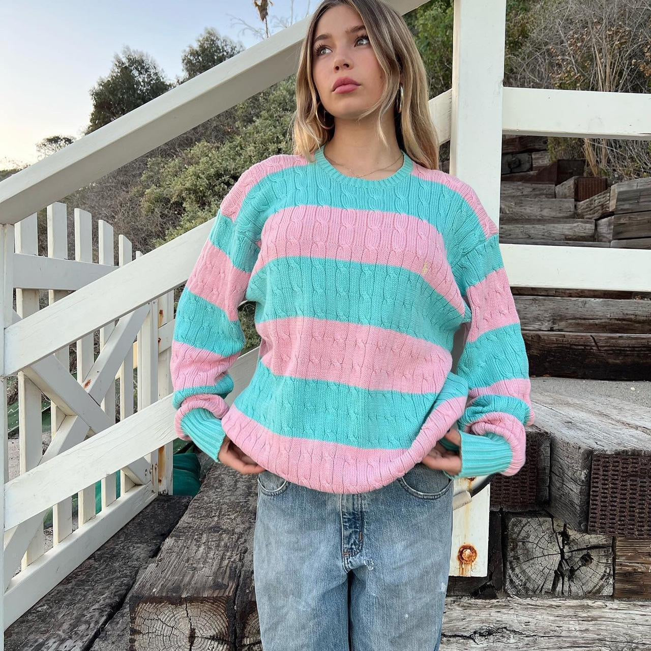 Vintage 90s Ralph Lauren rare pink and turquoise cable knit stripe sweater