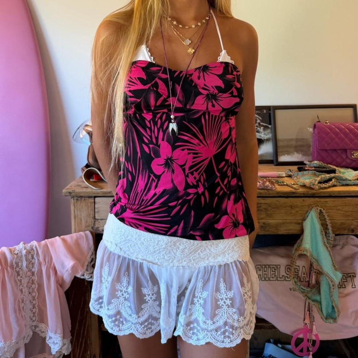 Vintage 00s pink and black tropical print strapless top