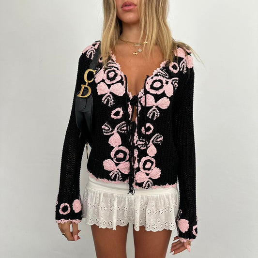 Vintage black and pink crochet long sleeve top