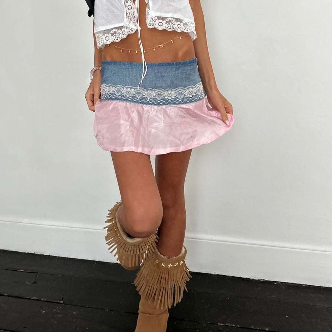 Vintage denim baby pink silky lace mini skirt