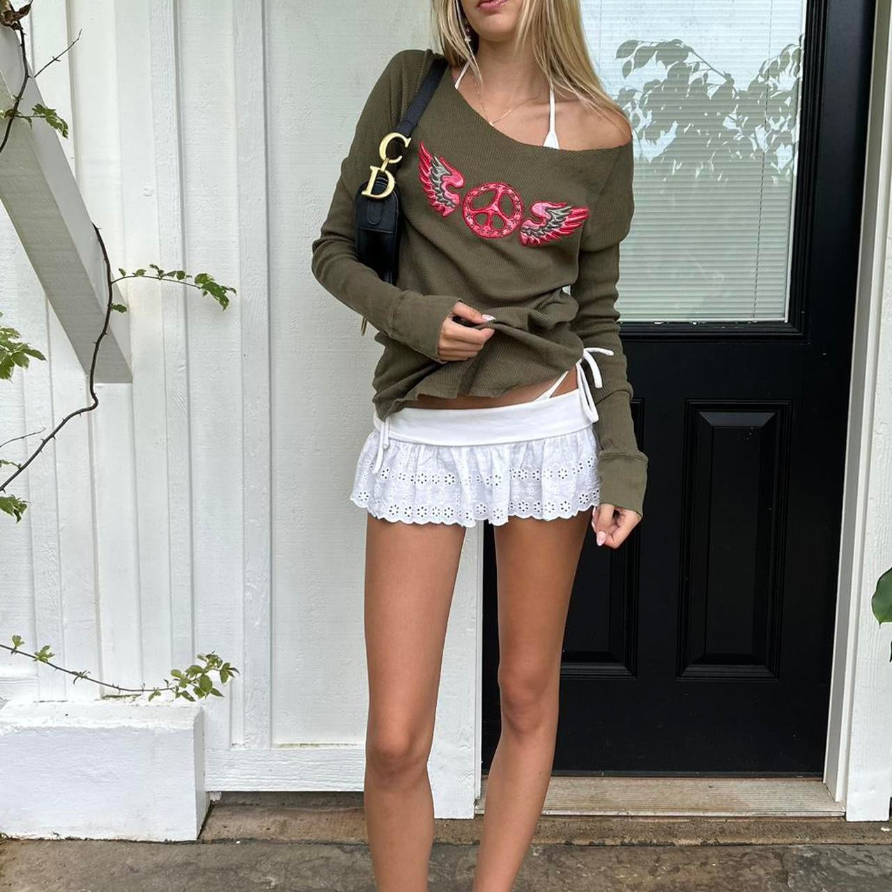 Vintage 90’s peace sign angel wings waffle long sleeve top