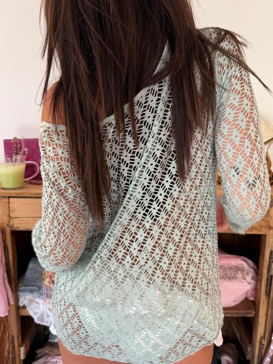 Vintage 00s blue boho lace long sleeve top