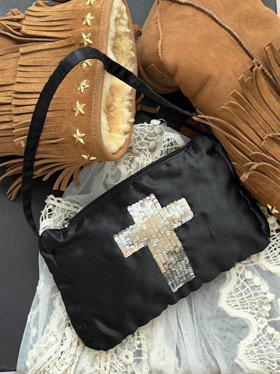 Vintage 2000’s black sequin cross satin bag