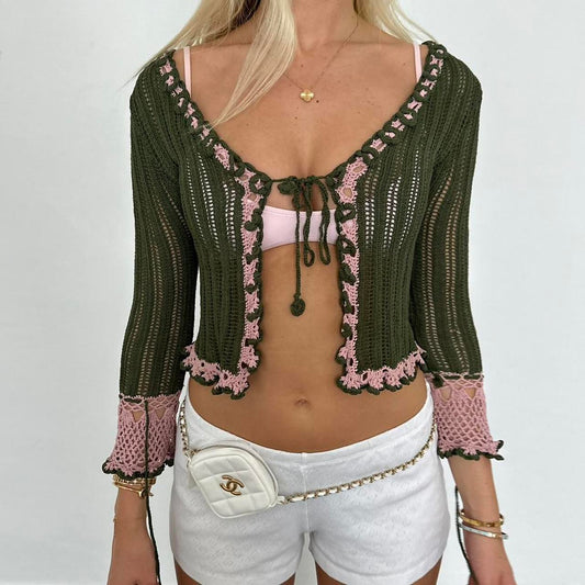 Vintage green & pink crochet layering cardigan top