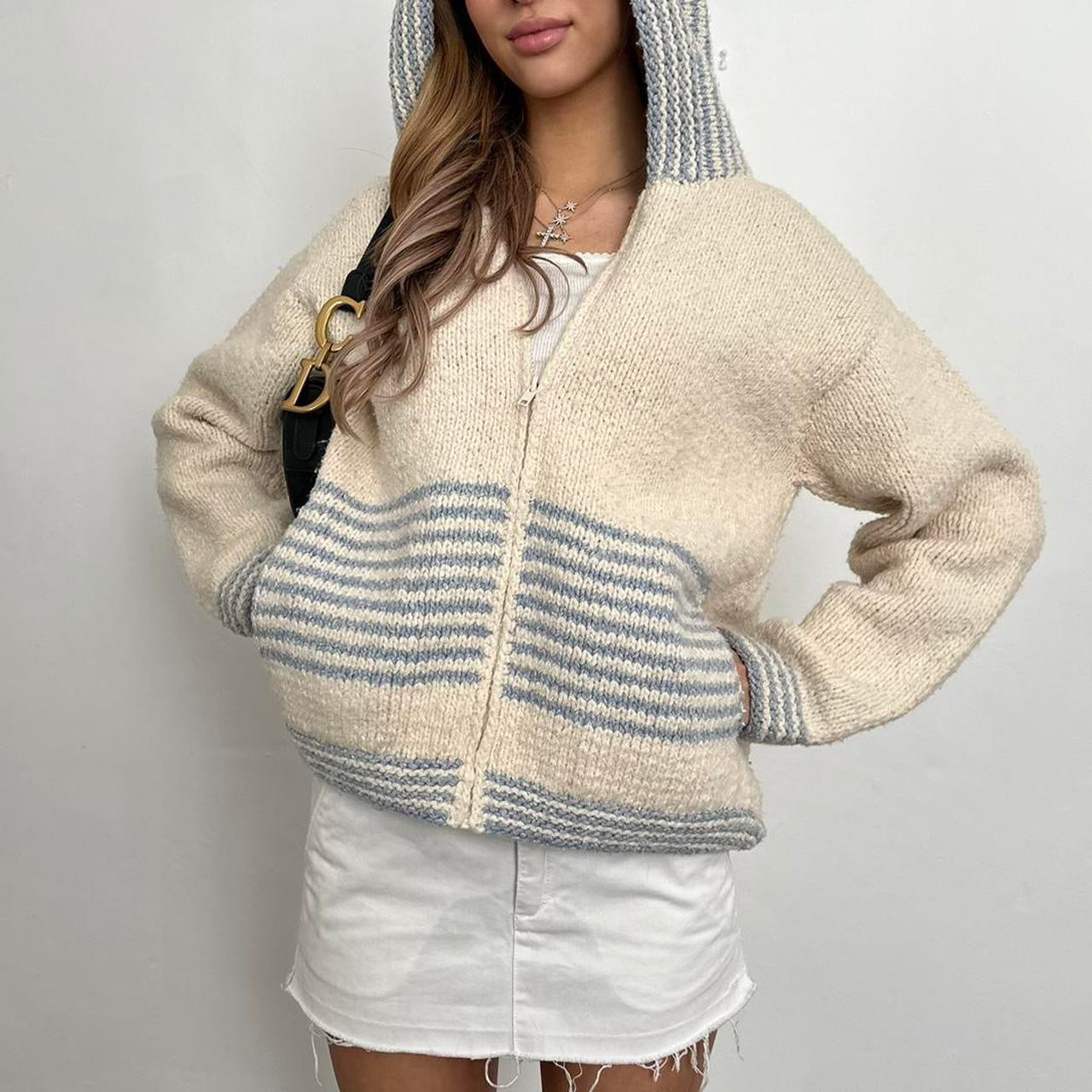 Vintage knitted blue and cream striped zip up jacket